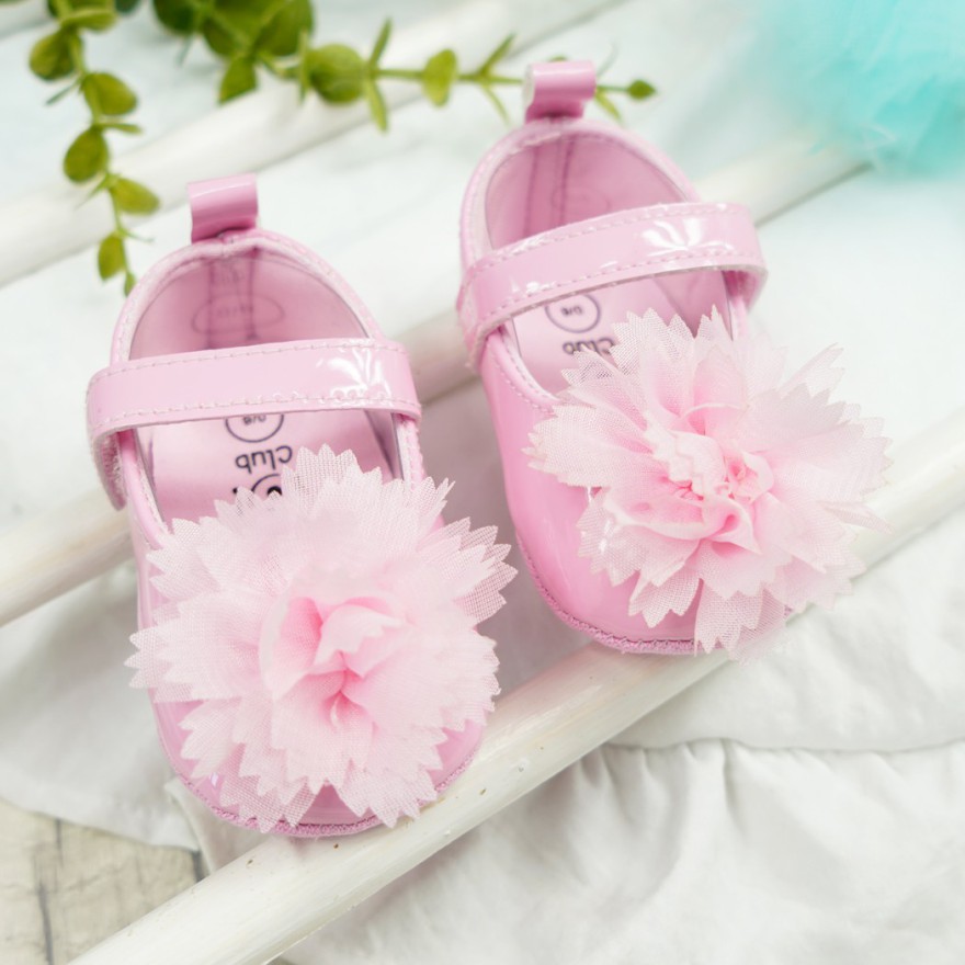 Baletki buty lakierki NIECHODKI różowe z kwiatem BUCIKI CHRZEST