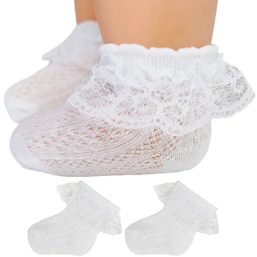 Białe SKARPETKI dziewczęce ażurowe z falbanką CHRZEST KOMUNIA