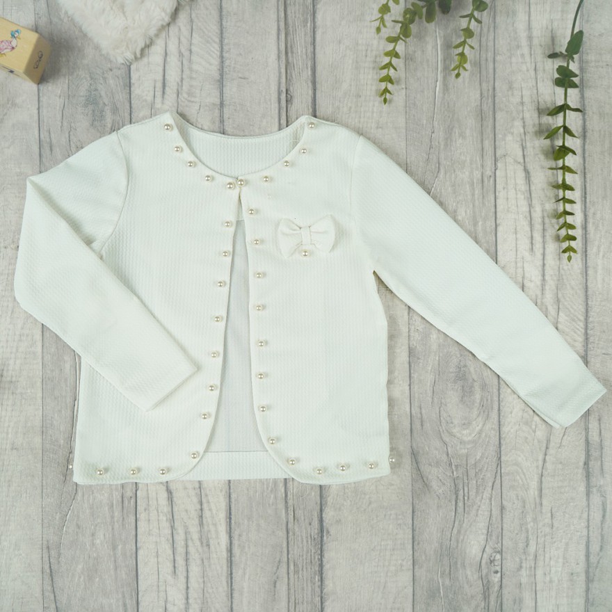 Ecru BOLERKO komunijne KOMUNIA żakiet perełki kokardka