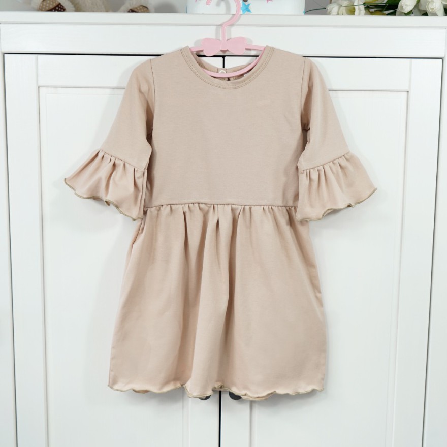 Beżowa SUKIENKA IGA z falbanką przy rękawach wesele święta