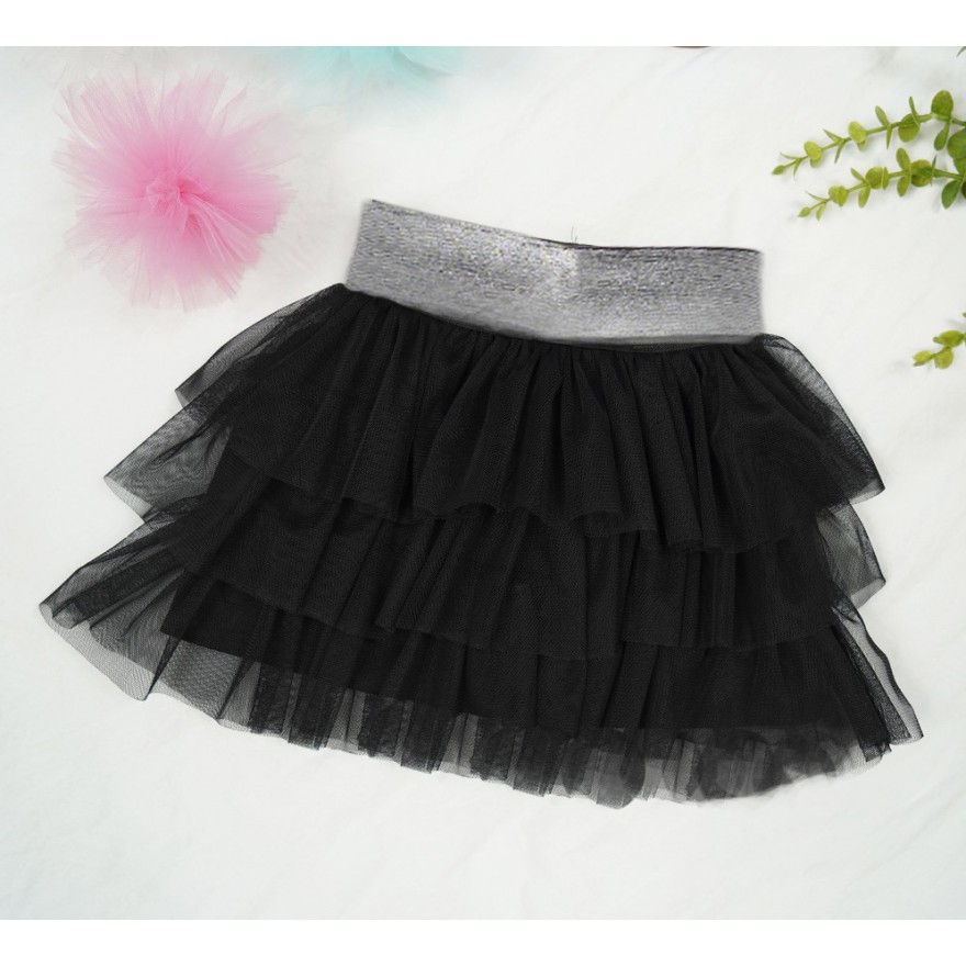 Czarna SPÓDNICA tiulowa z falbankami srebrna gumka szkoła