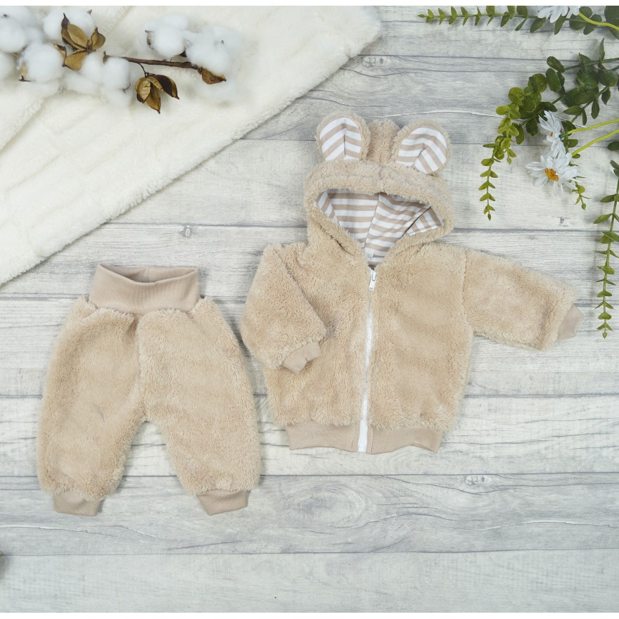 Beżowy KOMBINEZON 2-częściowy kurteczka + spodnie futerkowy miś uszy