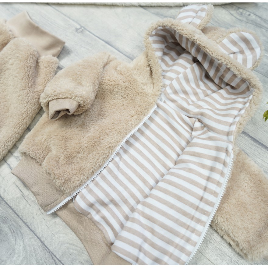 Beżowy KOMBINEZON 2-częściowy kurteczka + spodnie futerkowy miś uszy