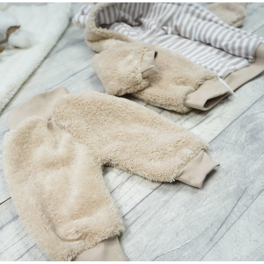 Beżowy KOMBINEZON 2-częściowy kurteczka + spodnie futerkowy miś uszy