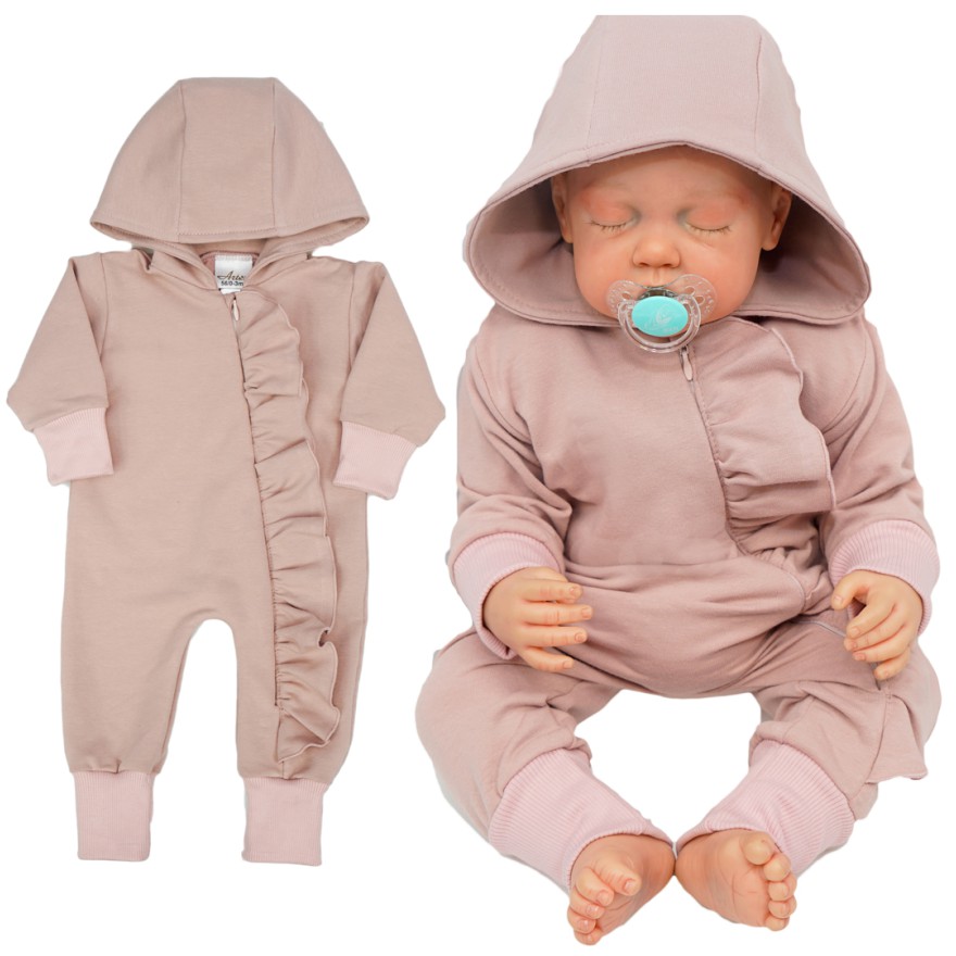 Pudrowy róż KOMBINEZON niemowlęcy dresowy pajac z falbanką wiosna lato