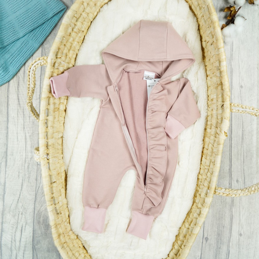 Pudrowy róż KOMBINEZON niemowlęcy dresowy pajac z falbanką wiosna lato