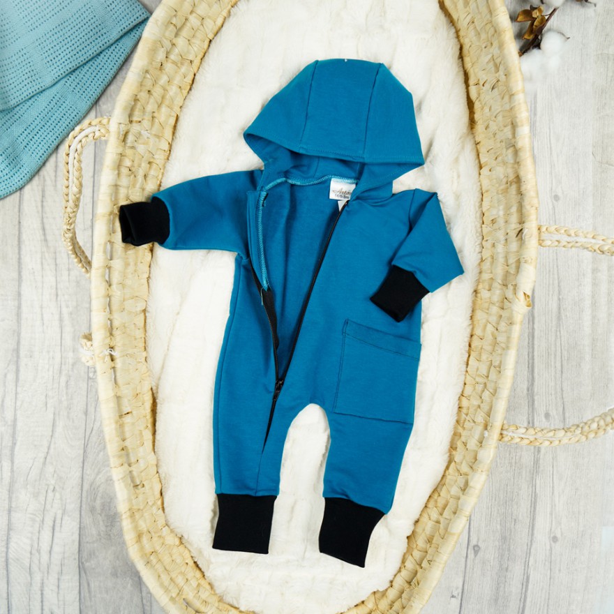 Turkusowy KOMBINEZON niemowlęcy dresowy pajac z kieszonką wiosna lato
