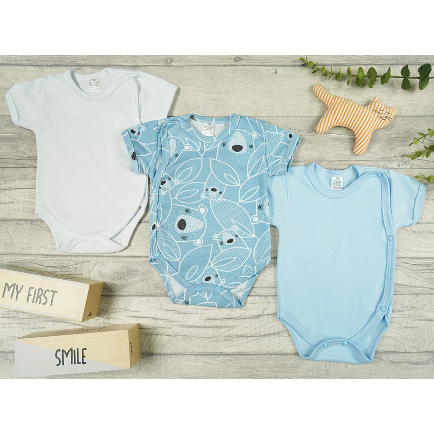 3PAK BODY kopertowe z krótkim rękawem niebieski miś WCZEŚNIAK