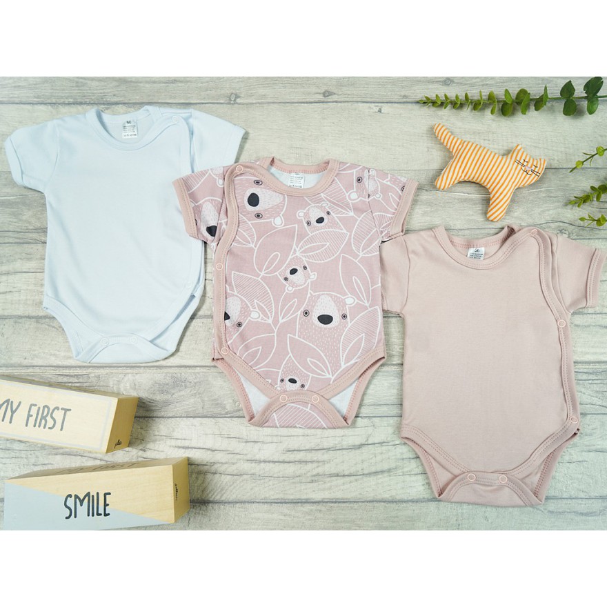 3PAK BODY kopertowe z krótkim rękawem różowy miś WCZEŚNIAK