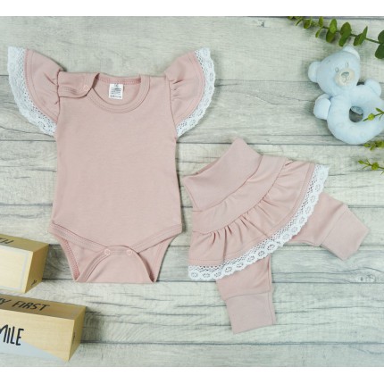 Różowy komplet 2cz body + spodnie z falbanką koronką HANIA