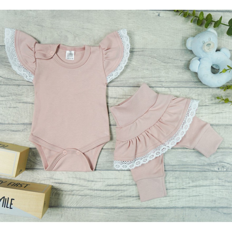 Różowy komplet 2cz body + spodnie z falbanką koronką HANIA