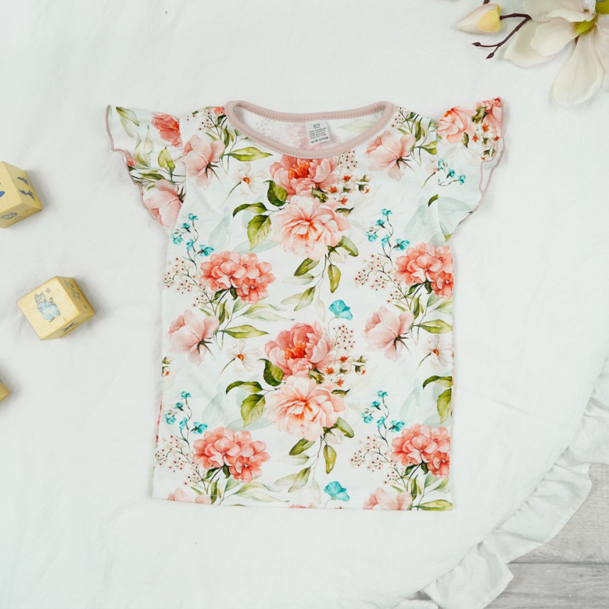 Kwiecista BLUZKA POLA z krótkim rękawem typu motylek koszulka w.422