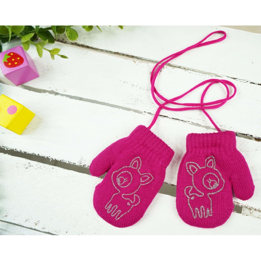 Amarantowe RĘKAWICZKI ciepłe 1P na sznurku JELONEK r. 56-86