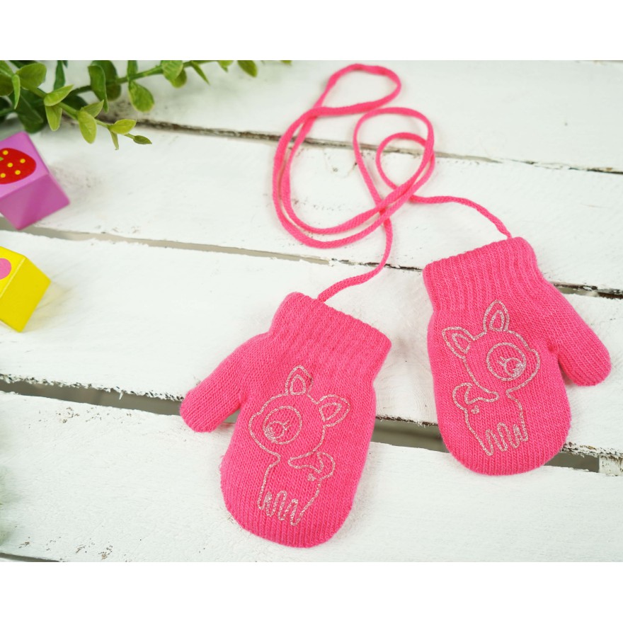 Malinowe RĘKAWICZKI ciepłe 1P na sznurku JELONEK r. 56-86