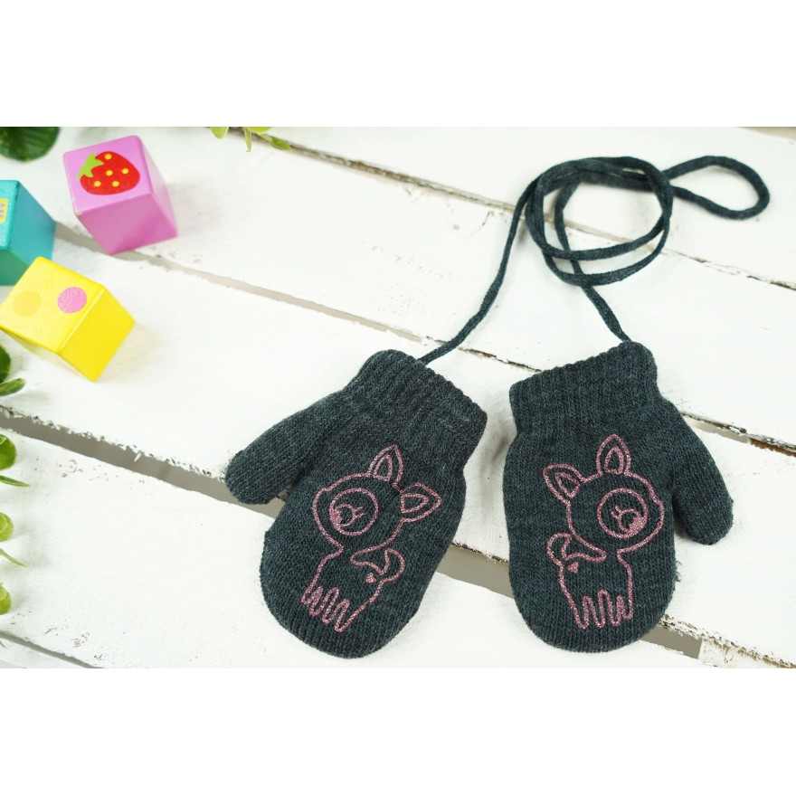 Grafitowe RĘKAWICZKI ciepłe 1P na sznurku JELONEK r. 56-86