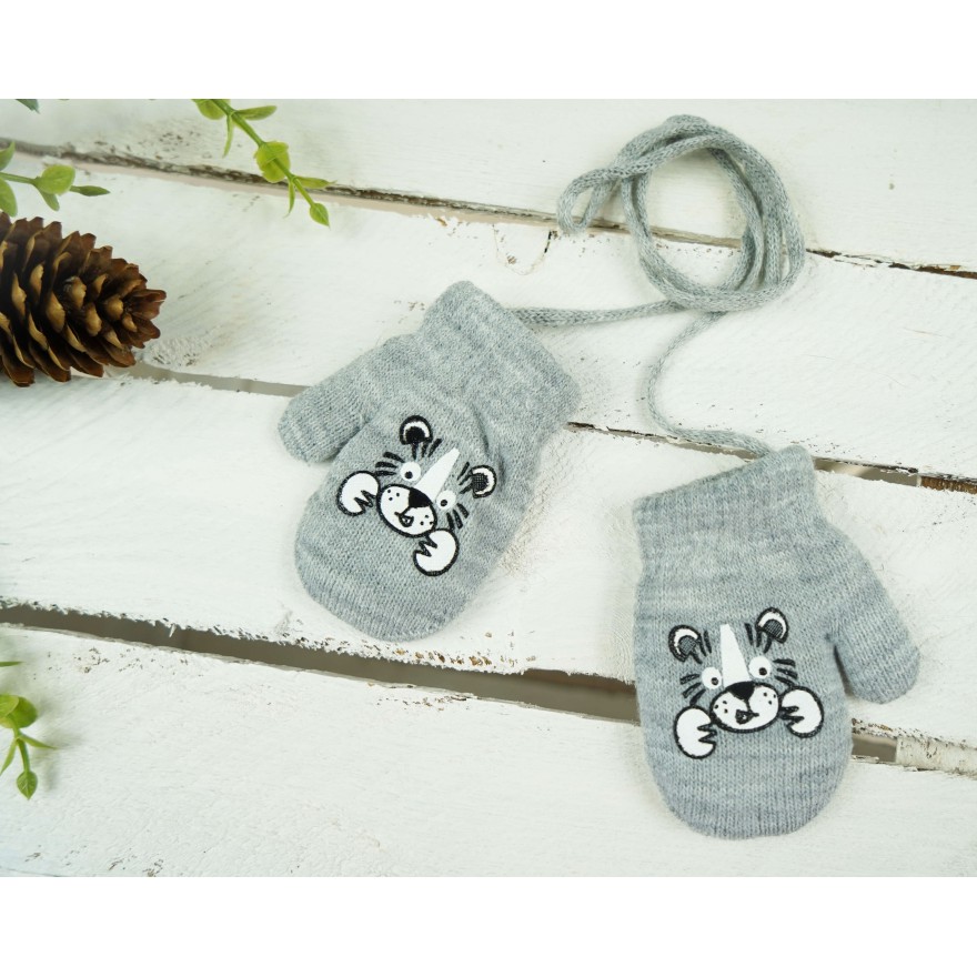 Szare RĘKAWICZKI ciepłe 1P na sznurku TYGRYSEK r. 56-86