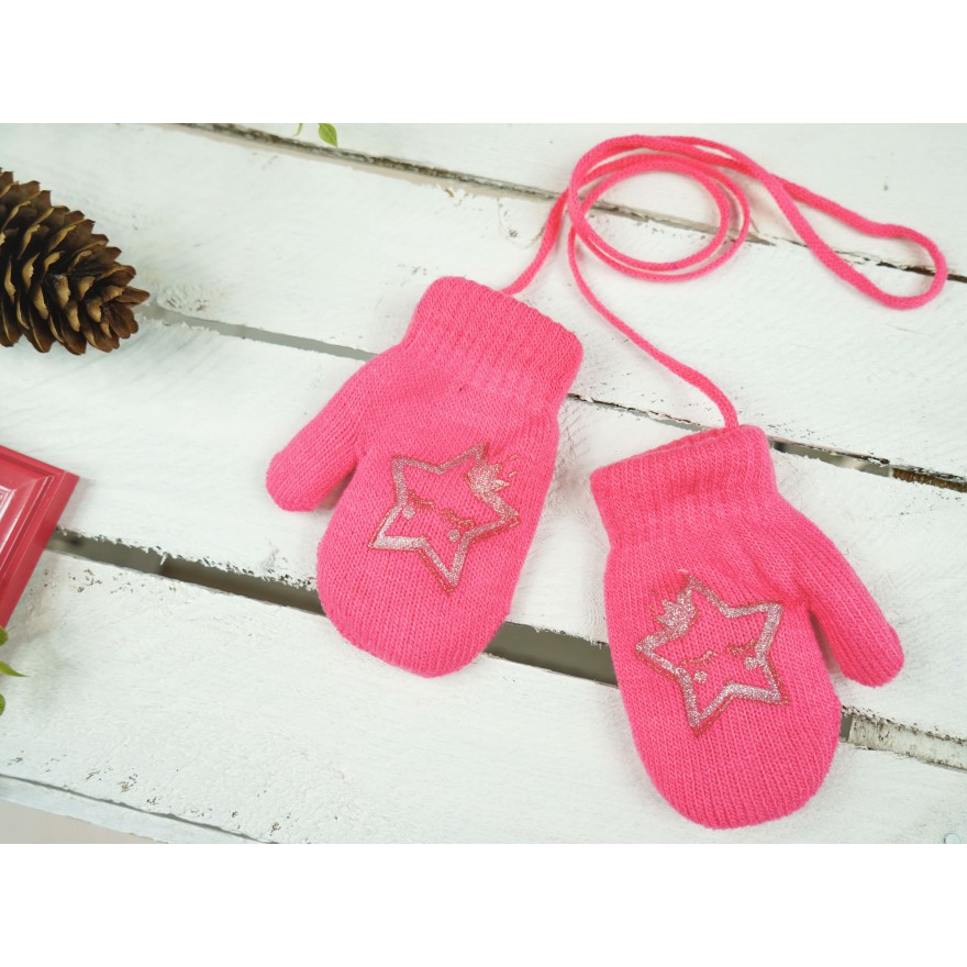 Malinowe RĘKAWICZKI ciepłe 1P na sznurku GWIAZDKA r. 98 104