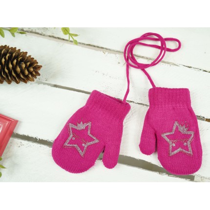 Amarantowe RĘKAWICZKI ciepłe 1P na sznurku GWIAZDKA r. 98 104