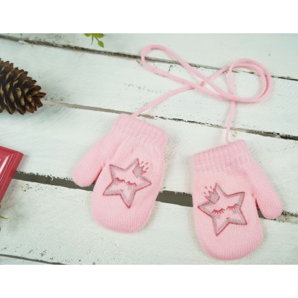 Różowe RĘKAWICZKI ciepłe 1P na sznurku GWIAZDKA r. 98 104