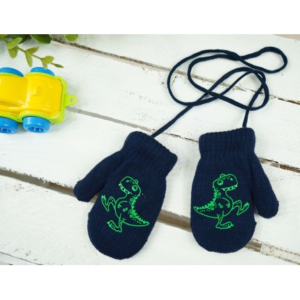 Granatowe RĘKAWICZKI ciepłe 1P na sznurku DINO r. 98 104