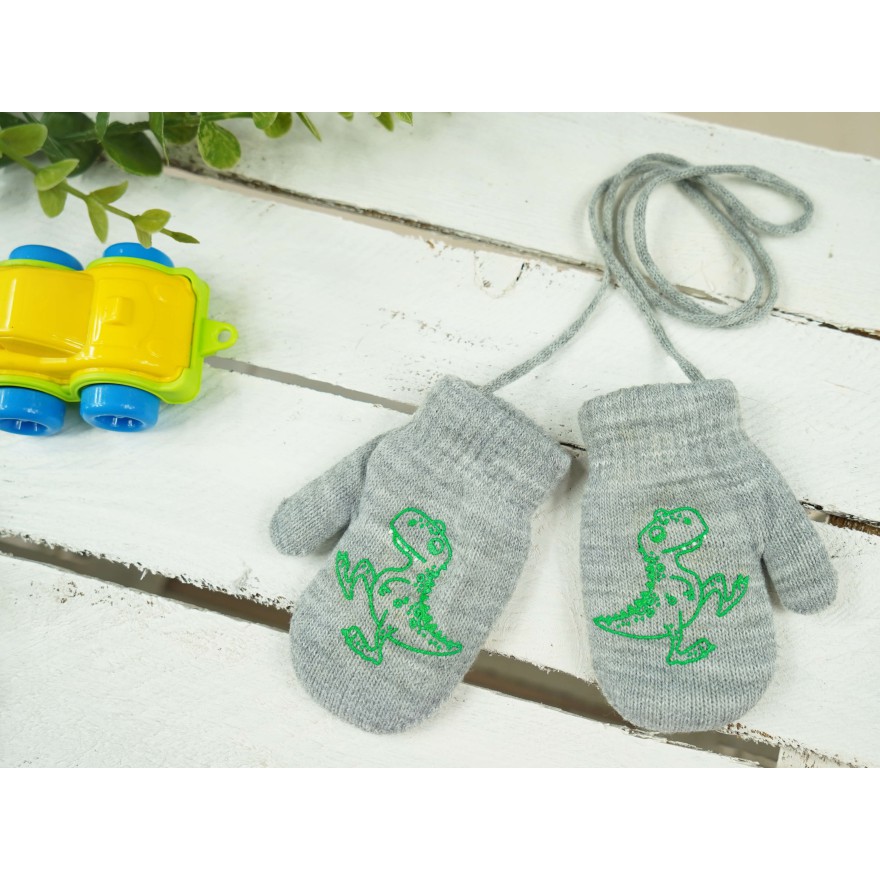 Szare RĘKAWICZKI ciepłe 1P na sznurku DINO r. 98 104