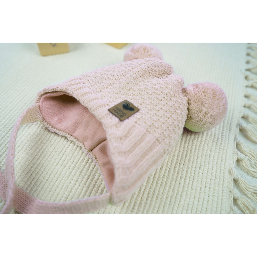Różowa CZAPKA wiązana 2 pompony HAND MADE zimowa