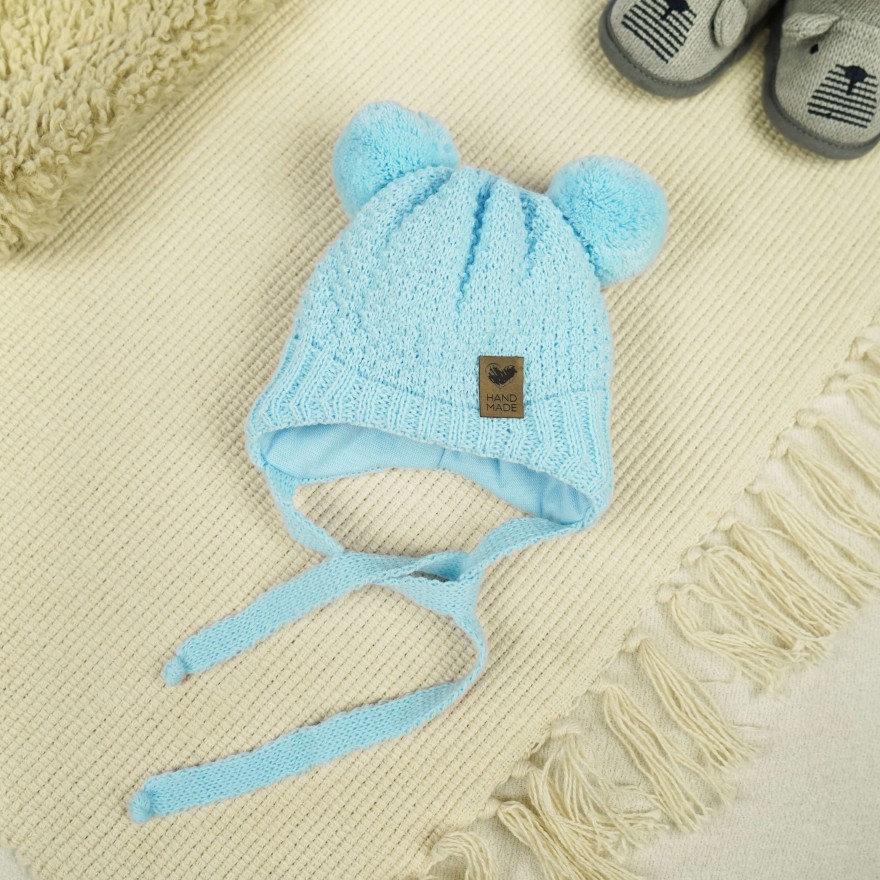 Niebieska CZAPKA wiązana 2 pompony HAND MADE zimowa