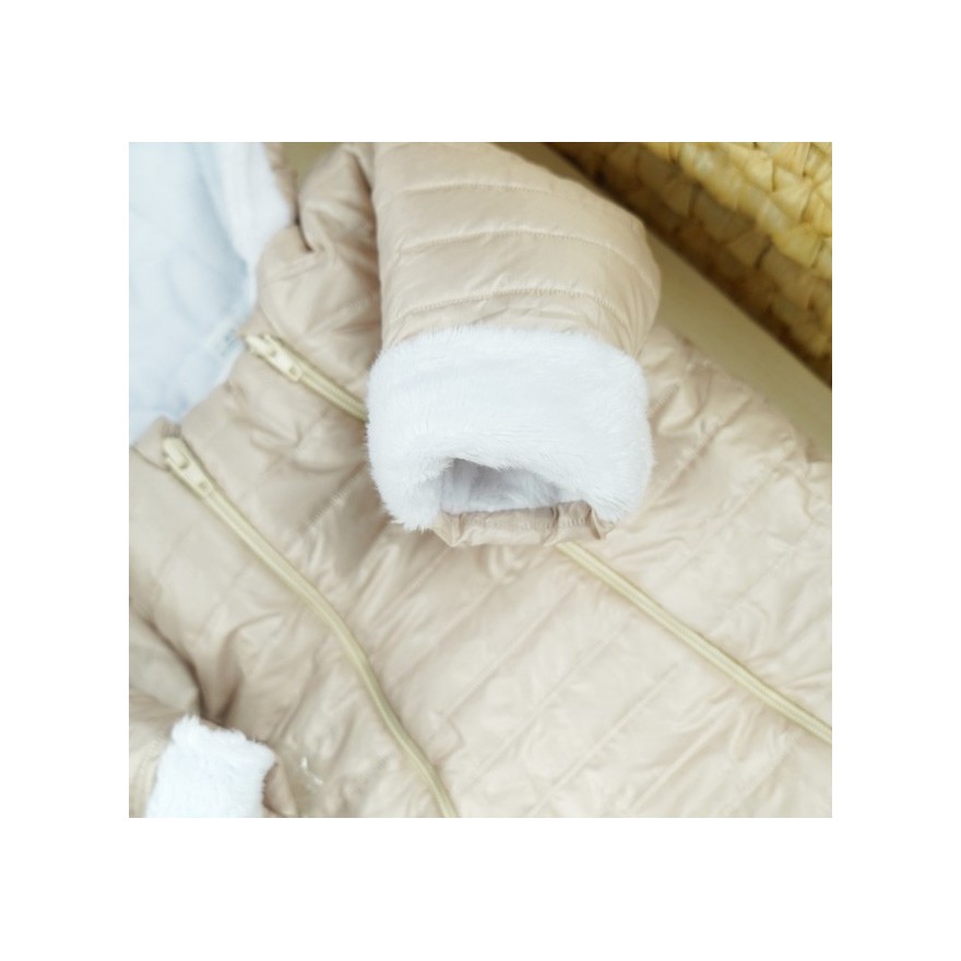 Beżowy KOMBINEZON pikowany na futerku 2 suwaki osłonki na rączki