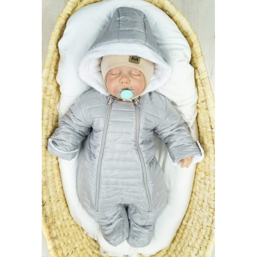 Szary KOMBINEZON pikowany na futerku 2 suwaki osłonki na rączki