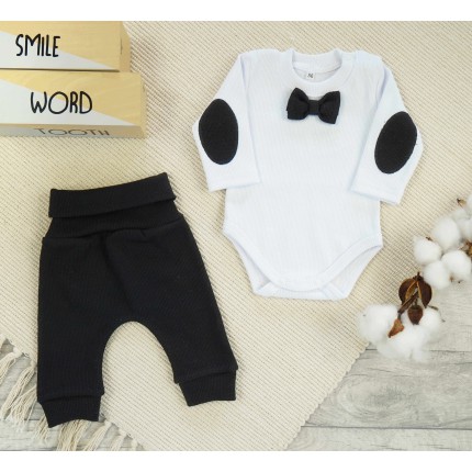 Czarno-biały KOMPLET ELEGANCKI prążek body z muchą + spodnie CHRZEST święta