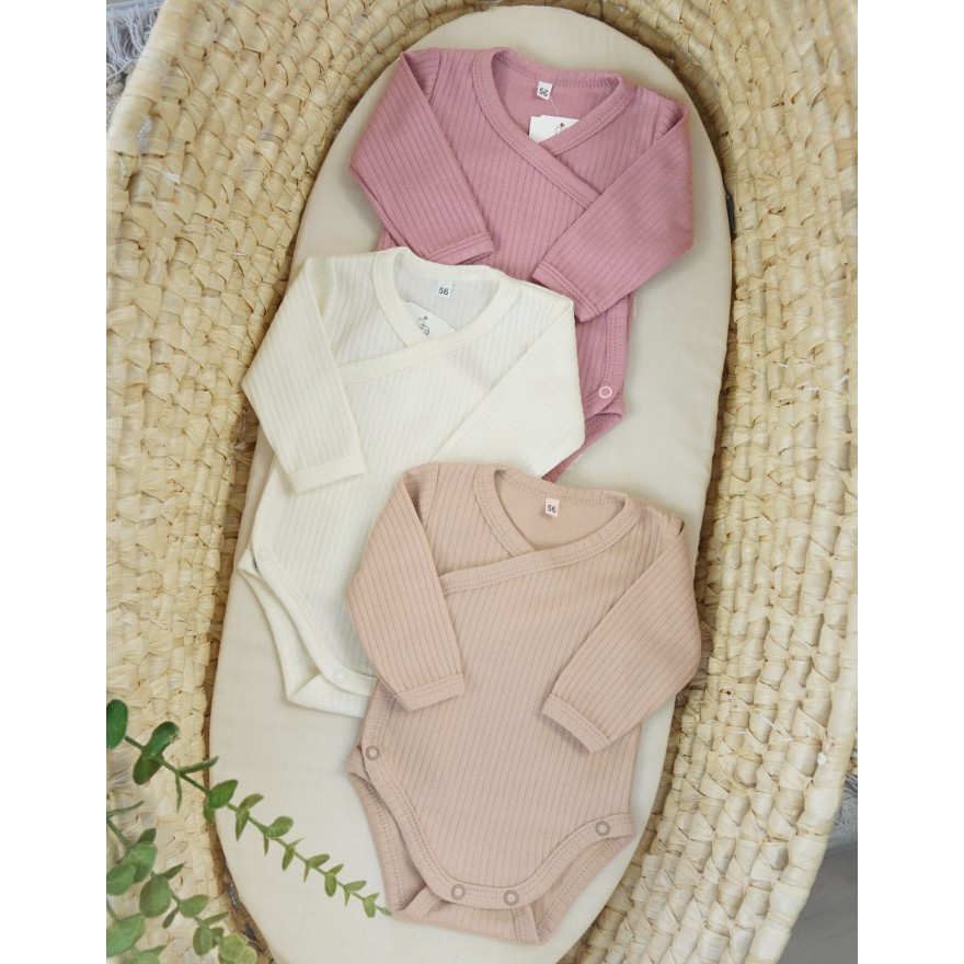 3pak BODY kopertowe prążki z długim rękawem bawełna prążek róż ecru beż WCZEŚNIAK