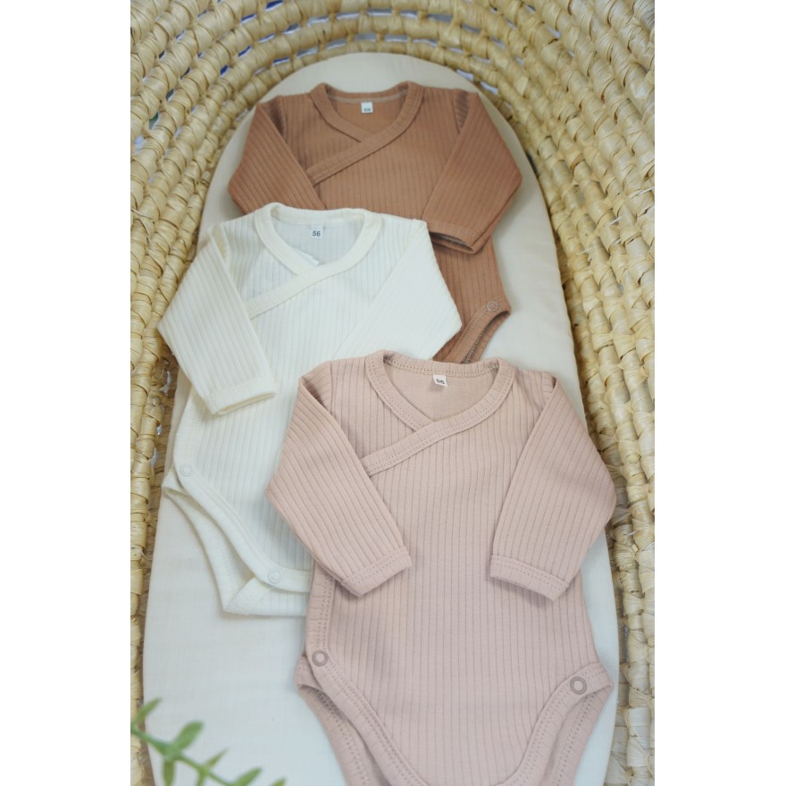 3pak BODY kopertowe prążki z długim rękawem bawełna prążek brąz beż ecru WCZEŚNIAK