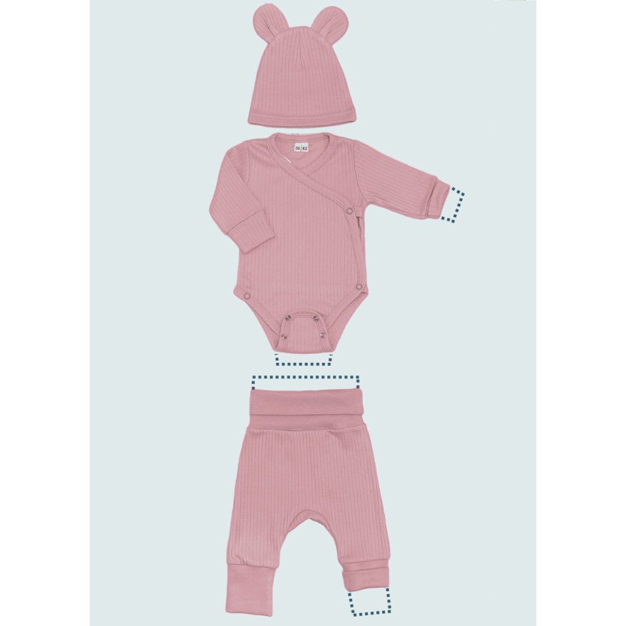 Różowy komplet niemowlęcy rosnący z regulacją wielkości w prążek body spodnie czapka wyprawka