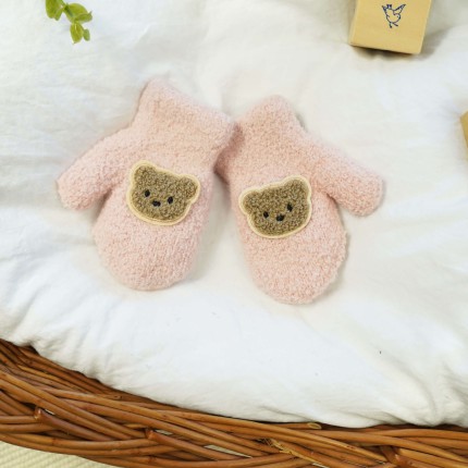 Różowe RĘKAWICZKI  ciepłe 1P na futerku ocieplane brązowy MIŚ r. 98-104