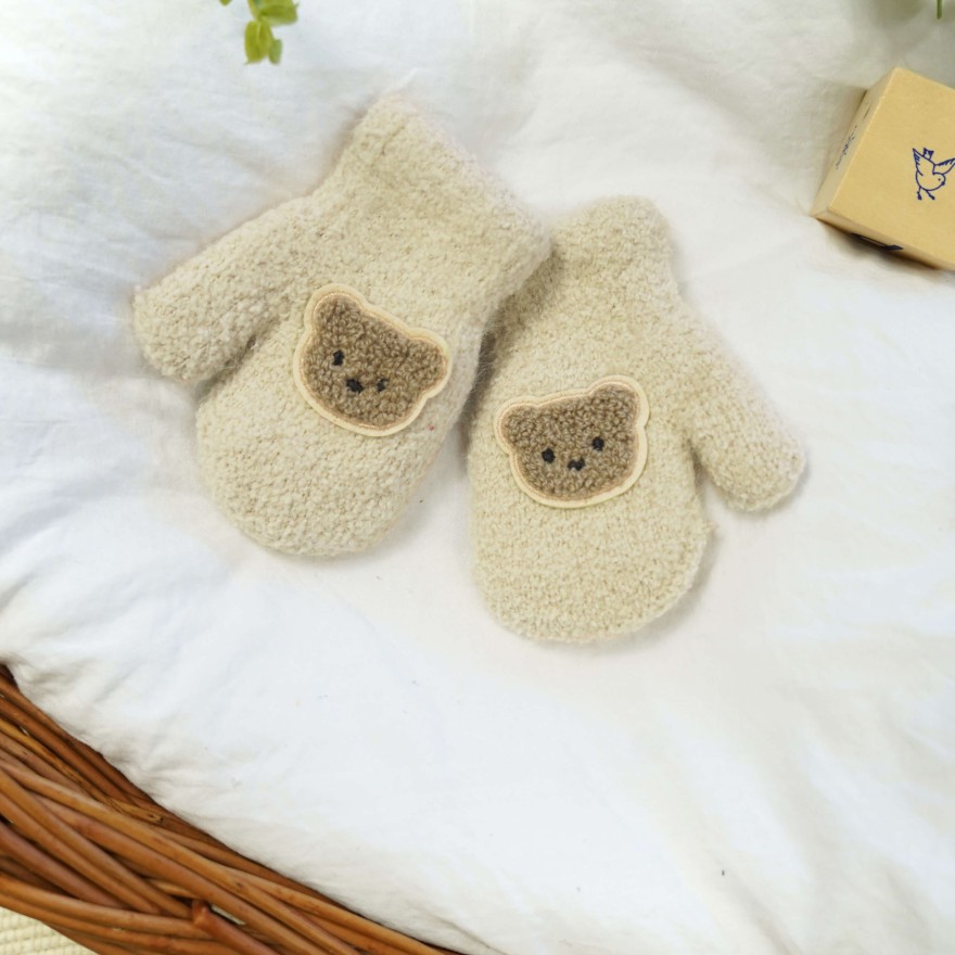 Beżowe RĘKAWICZKI  ciepłe 1P na futerku ocieplane brązowy MIŚ r. 98-104