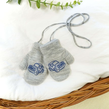 Szare RĘKAWICZKI ciepłe 1P na sznurku auto r. 110-116