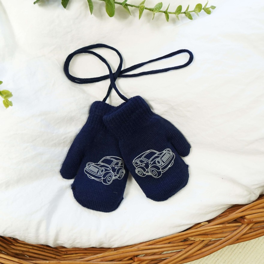 Granatowe RĘKAWICZKI ciepłe 1P na sznurku auto r. 110-116