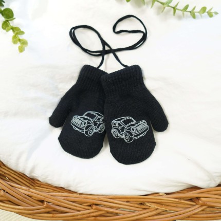 Czarne RĘKAWICZKI ciepłe 1P na sznurku auto r. 110-116