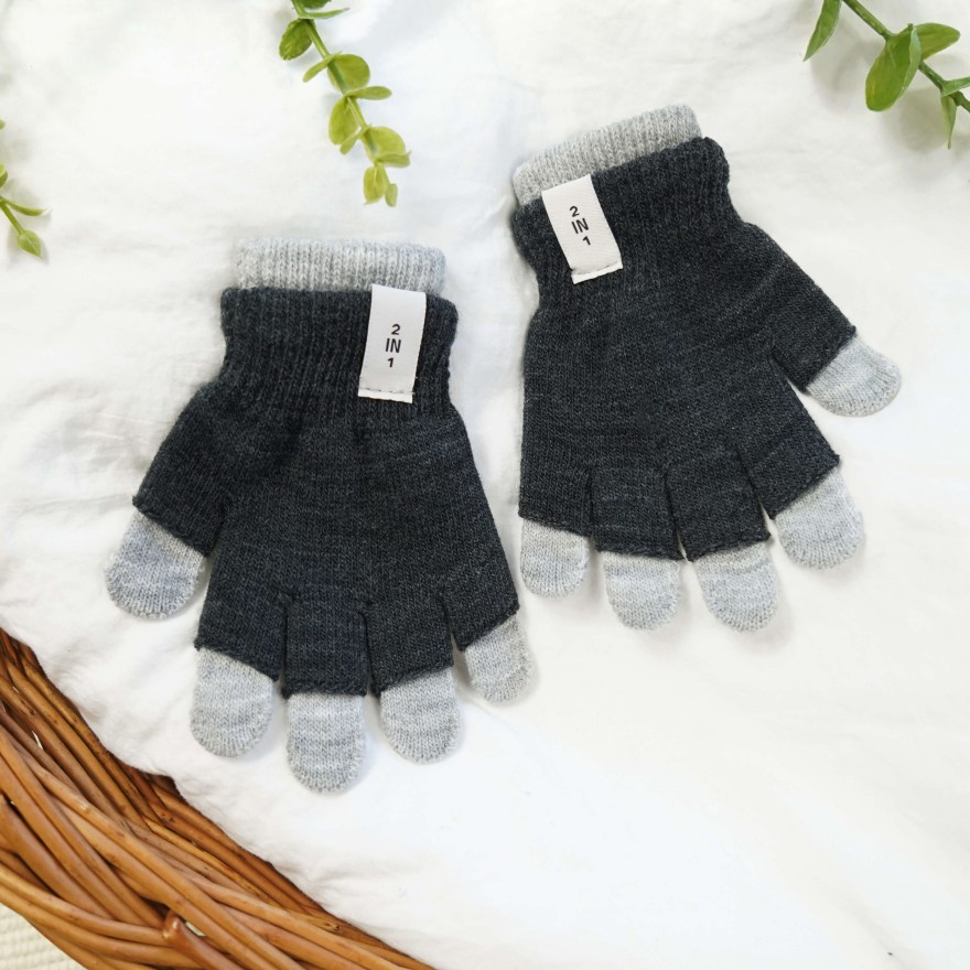 Grafitowo- szare rękawiczki chłopięce 2w1 podwójne 5P 122-170