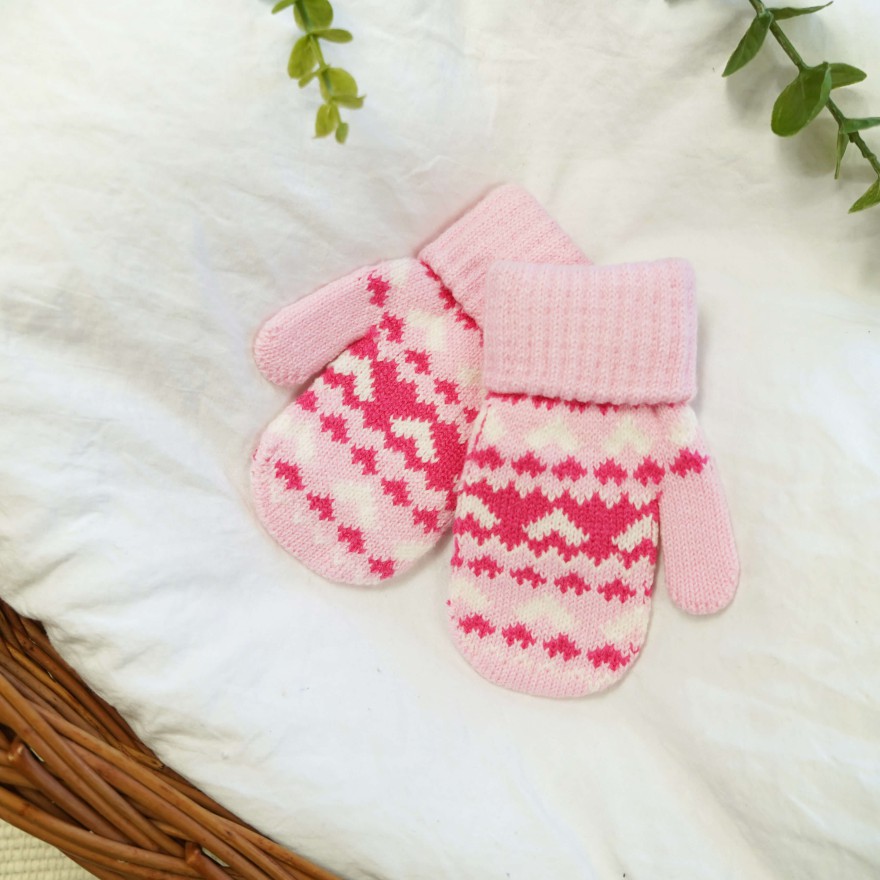 Różowe RĘKAWICZKI 1P ciepłe podwijane amarantowe serca 15cm r. 116-122 wzór 011