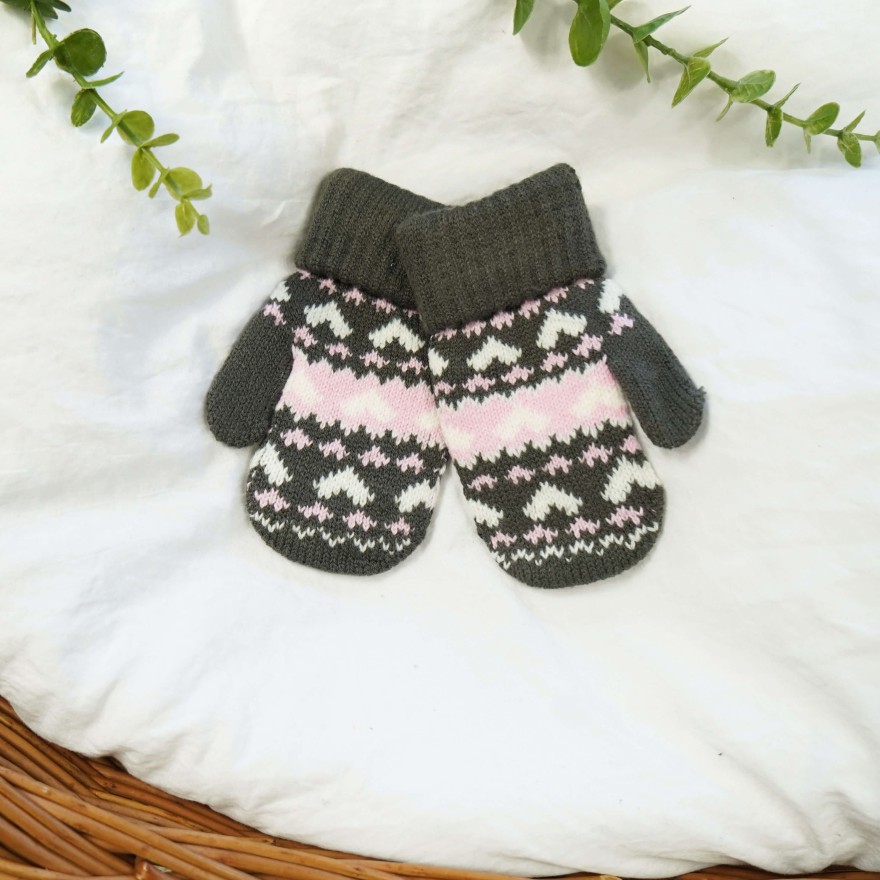 Grafitowe RĘKAWICZKI 1P ciepłe podwijane białe serca 15cm r. 116-122 wzór 013