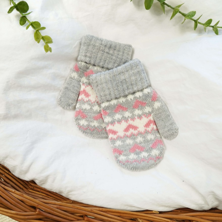 Szare RĘKAWICZKI 1P ciepłe podwijane różowe serca 15cm r. 116-122wzór 014