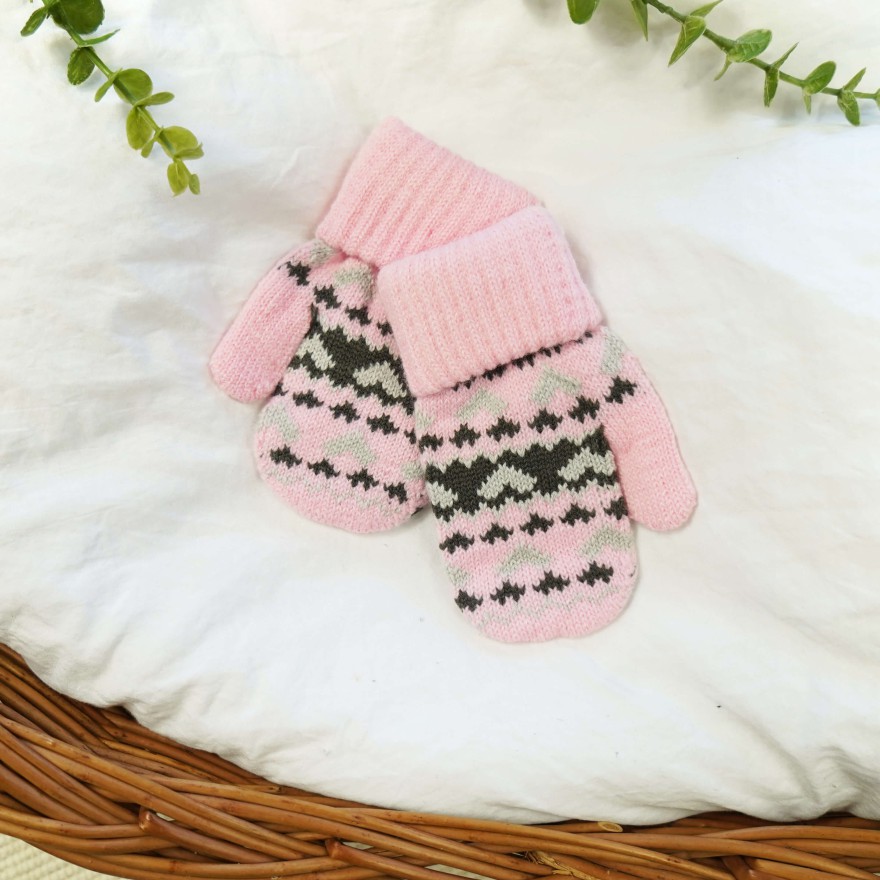 Różowe RĘKAWICZKI 1P ciepłe podwijane szare serca 15cm r. 116-122 wzór 015