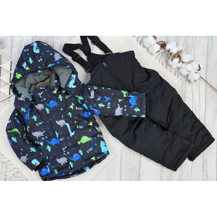 ZIMOWY KOMBINEZON dwuczęściowy CZARNY w dino i kaktusy kurtka + spodnie