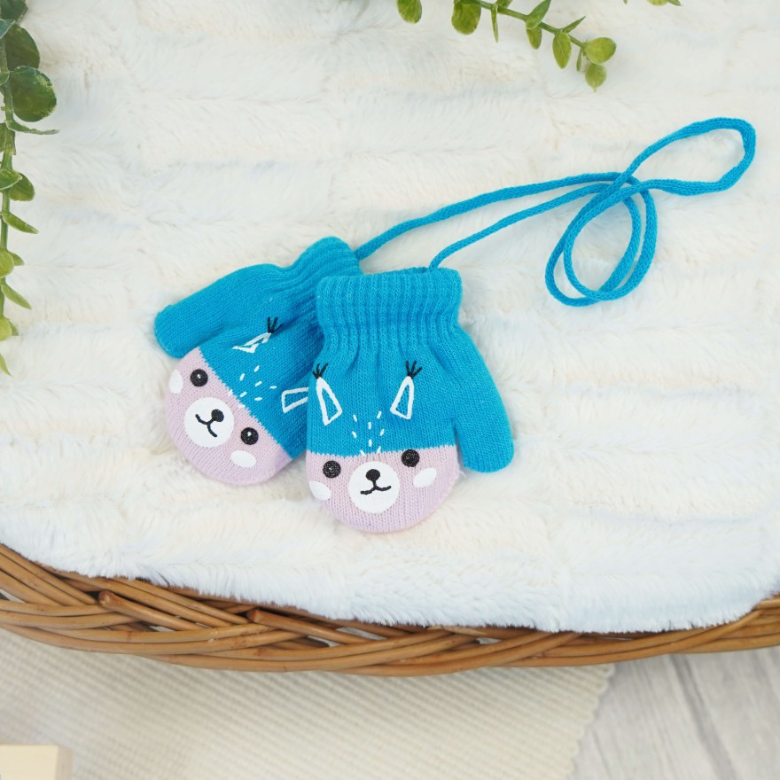 RĘKAWICZKI ciepłe 1P na sznurku turkus z różem LISEK r. 56-122