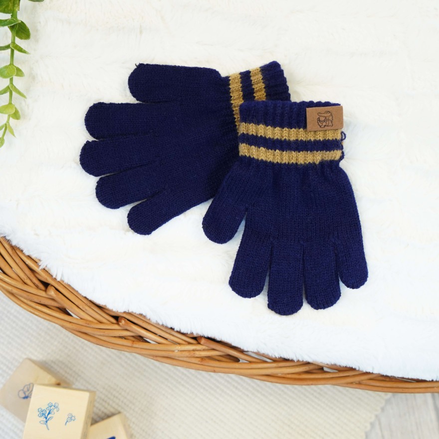 Granatowe RĘKAWICZKI 5-palczaste gładkie naszywka krokodyl  r.110-116