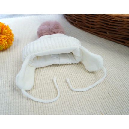 Ecru CZAPKA dziecięca zimowa wiązana z pomponem SOWY