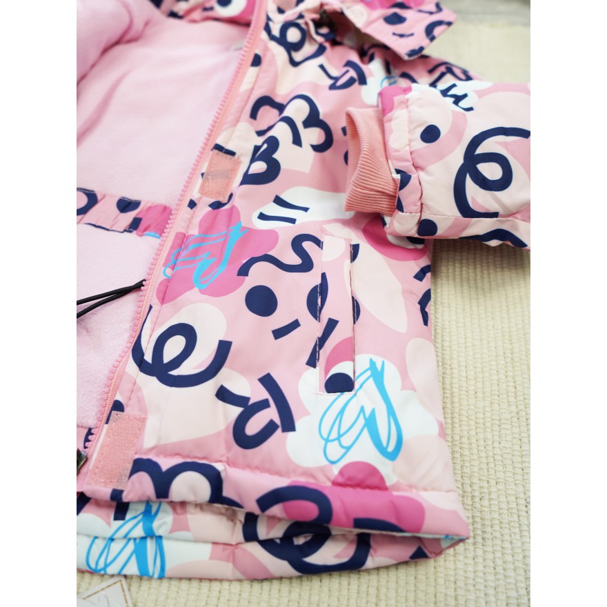 ZIMOWY KOMBINEZON dwuczęściowy PUDROWY RÓŻ w serca i wzory kurtka + spodnie