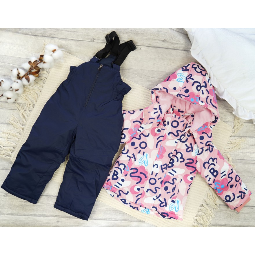 ZIMOWY KOMBINEZON dwuczęściowy PUDROWY RÓŻ w serca i wzory kurtka + spodnie