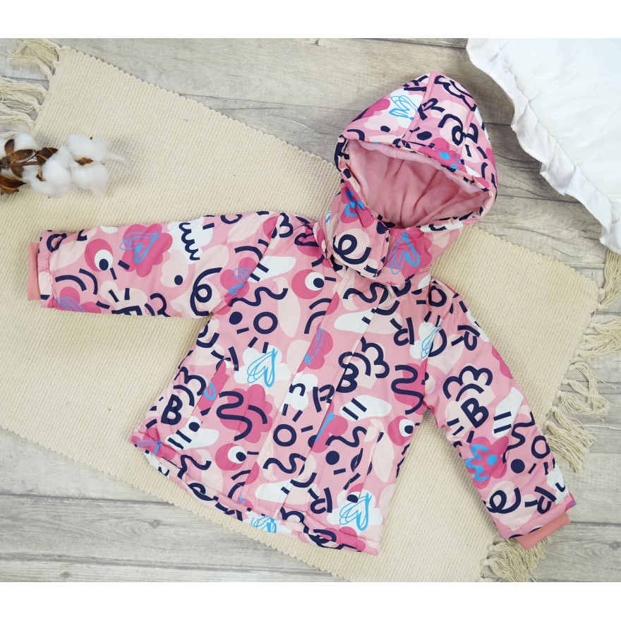 ZIMOWY KOMBINEZON dwuczęściowy PUDROWY RÓŻ w serca i wzory kurtka + spodnie